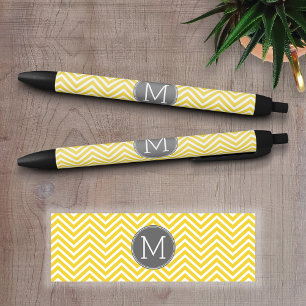 Bolígrafo De Tinta Negra Patrón de Chevron Amarillo y Gris con Monograma