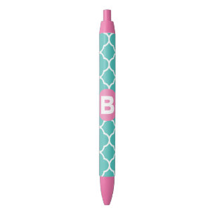 Bolígrafo De Tinta Negra Patrón de Cuatrefoil Teal con Monograma Rosa Perso