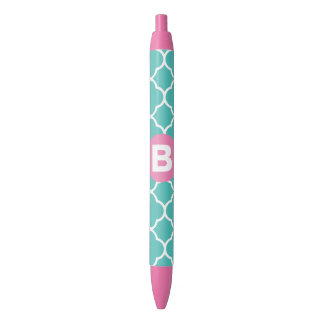 Bolígrafo De Tinta Negra Patrón de Cuatrefoil Teal con Monograma Rosa Perso