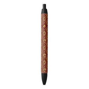 Bolígrafo De Tinta Negra Patrón de damasco floral vintage dorado y rojo osc
