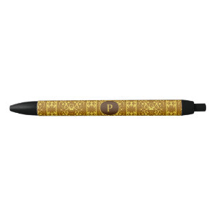 Bolígrafo De Tinta Negra Patrón de Damasco marrón y oro decorativo