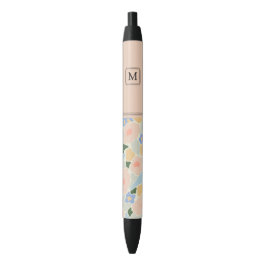 Bolígrafo De Tinta Negra Patrón de flor rosa pastel azul claro Monograma