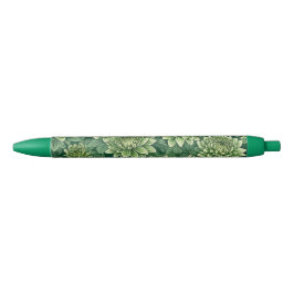 Bolígrafo De Tinta Negra Patrón de flor verde crisantemo