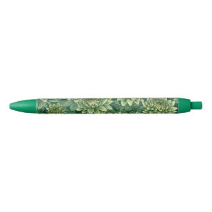 Bolígrafo De Tinta Negra Patrón de flor verde crisantemo