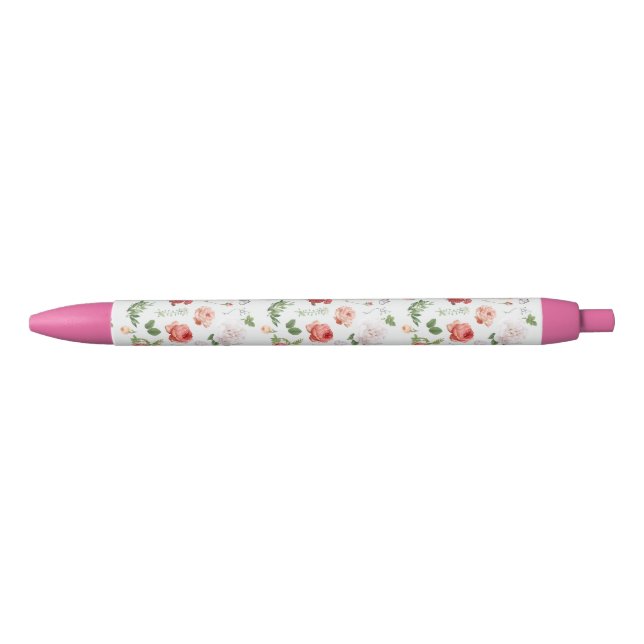 Bolígrafo De Tinta Negra Patrón de flores, Rosa (Anverso)