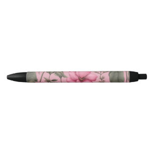Bolígrafo De Tinta Negra Patrón de flores rosadas botánicas