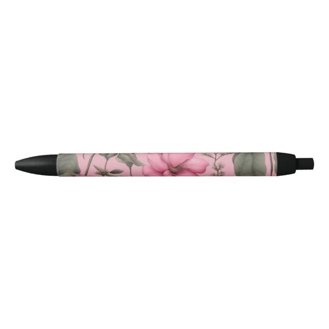 Bolígrafo De Tinta Negra Patrón de flores rosadas botánicas (Anverso)
