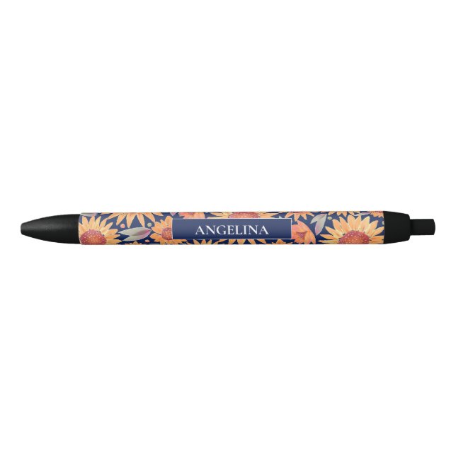 Bolígrafo De Tinta Negra Patrón de girasol amarillo Marina azul personaliza (Anverso)