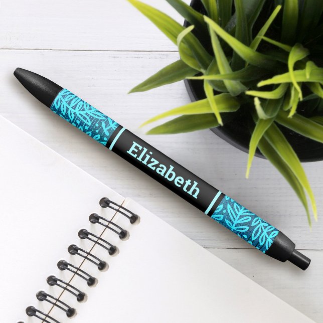 Bolígrafo De Tinta Negra Patrón de hoja turquesa nombre personalizado moder (Subido por el creador)