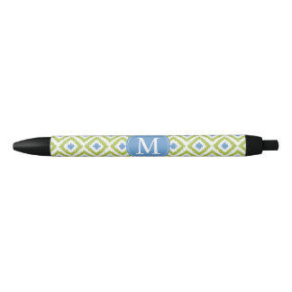 Bolígrafo De Tinta Negra Patrón de ikat de diamantes azul y verde monograma