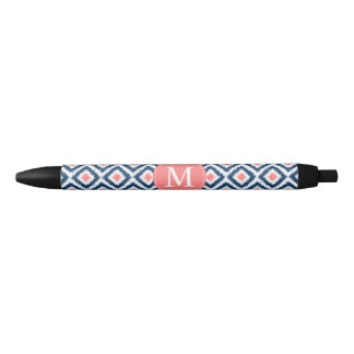 Bolígrafo De Tinta Negra Patrón de ikat de diamantes de azul y coral monogr