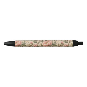 Bolígrafo De Tinta Negra Patrón de jardín de peonía y rosa romántica vintag