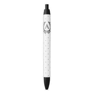 Bolígrafo De Tinta Negra Patrón de lunares con monograma de laurel en blanc