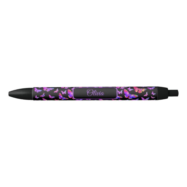 Bolígrafo De Tinta Negra Patrón de mariposa bonito Purple Personalizado (Anverso)