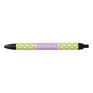 Bolígrafo De Tinta Negra Patrón de puntos de polka verde y de lavanda