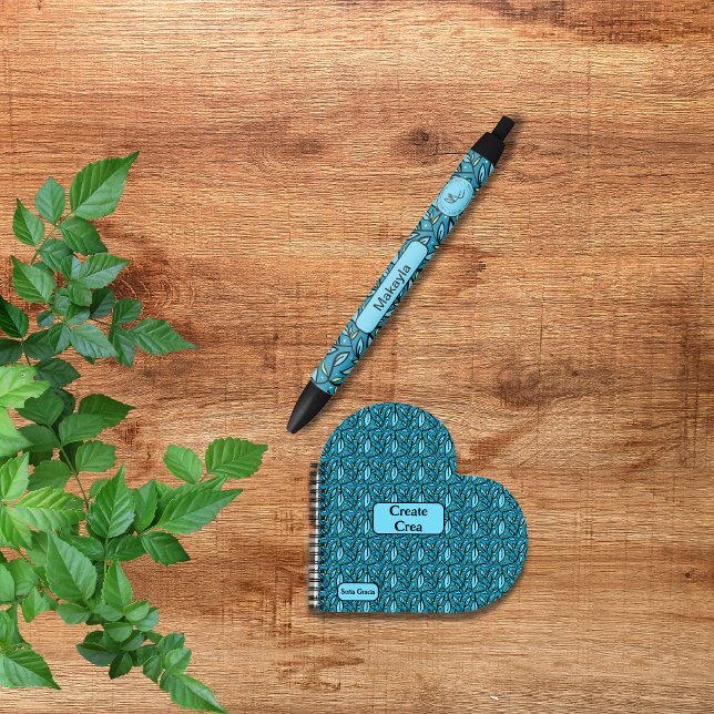 Bolígrafo De Tinta Negra Patrón de salida azul con nombre y regalo de logot (Blue leaves pen, gift pen for customers or clients, colleagues, bilingual. multilingual project)