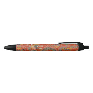 Bolígrafo De Tinta Negra Patrón de seda con dragón negro y rojo imperial