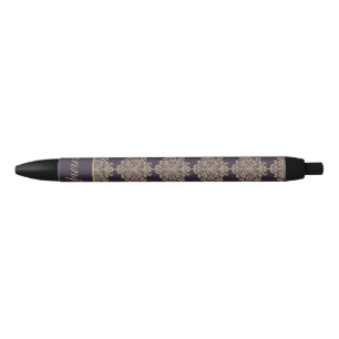 Bolígrafo De Tinta Negra Patrón elegante de damasco dorado de moda floral