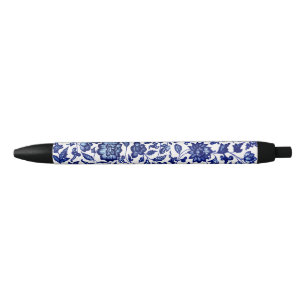 Bolígrafo De Tinta Negra Patrón floral azul marino oscuro chino sobre blanc