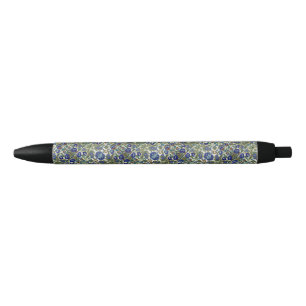 Bolígrafo De Tinta Negra Patrón floral azul y dorado vintage