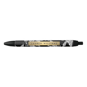 Bolígrafo De Tinta Negra Patrón floral blanco y negro vintage