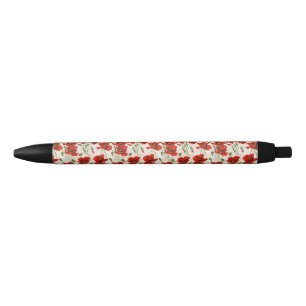 Bolígrafo De Tinta Negra Patrón Floral de Amapola Roja Vintage Arte Botánic