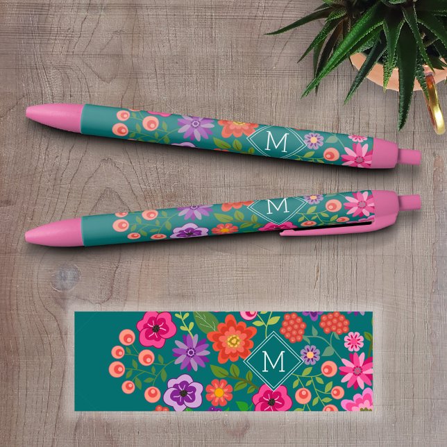 Bolígrafo De Tinta Negra Patrón floral Verde azulado de moda con monograma  (Personalized Writing Pens - add your name, monogram or other text)