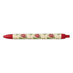 Bolígrafo De Tinta Negra Patrón vintage de rosa roja