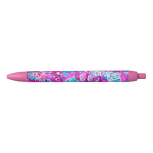 Bolígrafo De Tinta Negra Patrones de flores rosadas azules lindas