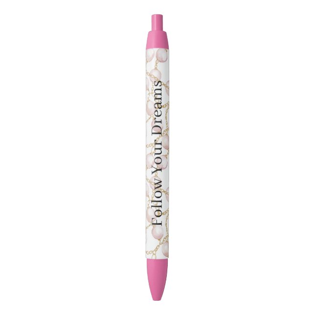 Bolígrafo De Tinta Negra Perlas Rosadas Cadena de Oro (Frente vertical)