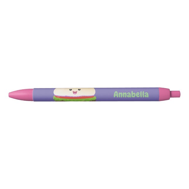 Bolígrafo De Tinta Negra Personalizado de hamburguesa kawaii feliz (Anverso)
