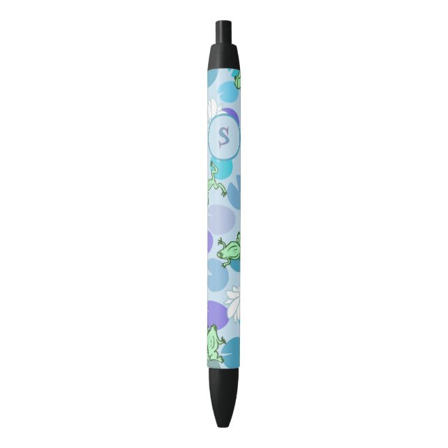 Bolígrafo De Tinta Negra Personalizado de ranas azul y verde lindo Monogram (Frente vertical)