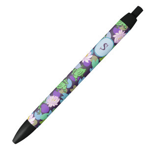 Bolígrafo De Tinta Negra Personalizado de ranas azul y verde lindo Monogram
