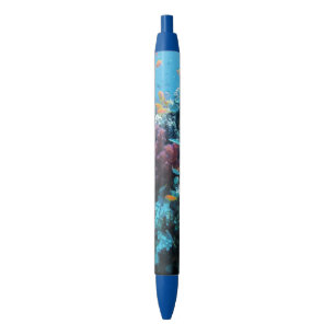 Bolígrafo De Tinta Negra Pescado Naranja tropical y coral rosa