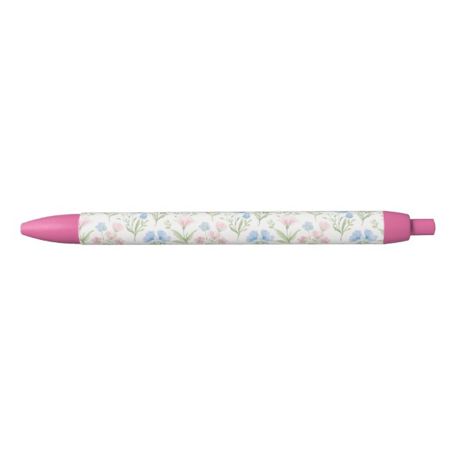 Bolígrafo De Tinta Negra Pink and Blue Grandmillennial Floral (Anverso)