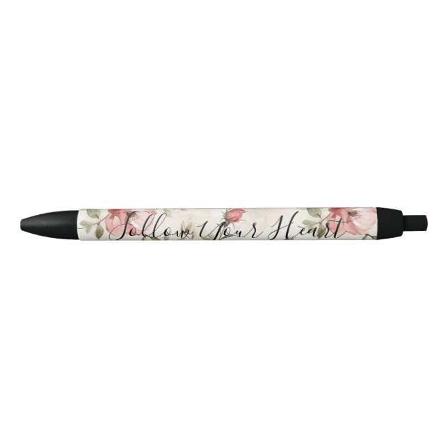 Bolígrafo De Tinta Negra Pink Roses Floral  (Anverso)
