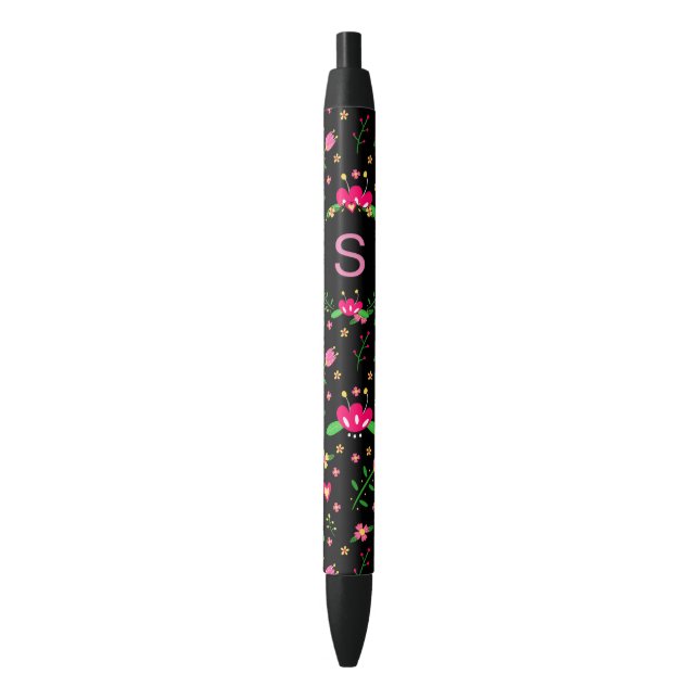 Bolígrafo De Tinta Negra Pretty Pink Floral on Black Monogram (Frente vertical)