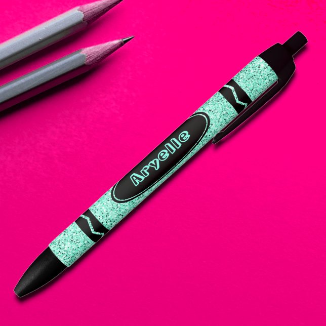 Bolígrafo De Tinta Negra Purpurina azul Aqua Crayon Nombre personalizado Pl (Subido por el creador)