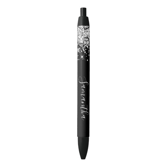 Bolígrafo De Tinta Negra Purpurina Sparkly Silver con firma Girly (Frente vertical)