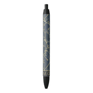 Bolígrafo De Tinta Negra Ramas Patrón Monograma Azul Naturaleza Elegante