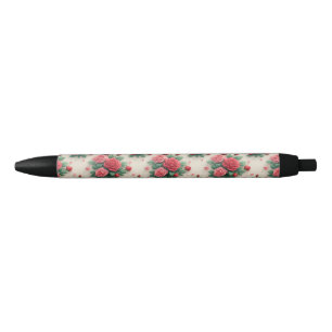 Bolígrafo De Tinta Negra Ramos de rosas rosadas y rojas elegantes