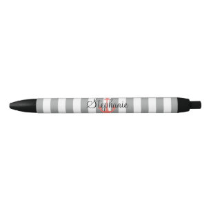 Bolígrafo De Tinta Negra Rayas grises y blancas con ancla náutica coral