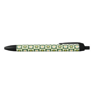 Bolígrafo De Tinta Negra Retro Verde Salvia y Damasco de Flor de Margarita 