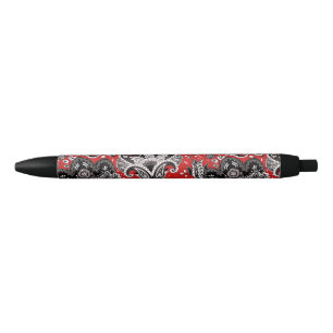 Bolígrafo De Tinta Negra Rojo Negro y Blanco Floral Paisley Boho Bohemio