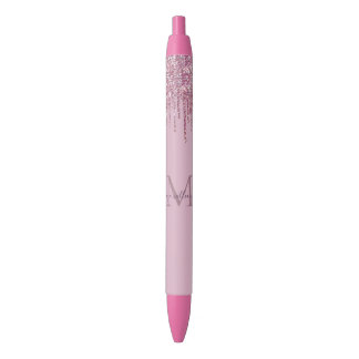 Bolígrafo De Tinta Negra Rosa De Perforaciones Purpurinas Monograma Y Nombr