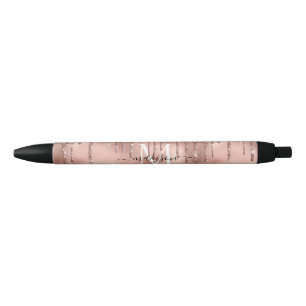 Bolígrafo De Tinta Negra Rosa Dorado Metálico Monograma con Brillo Goteante