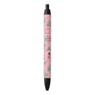 Bolígrafo De Tinta Negra Rosa   Moda acuarela Floral Monograma Tinta negra