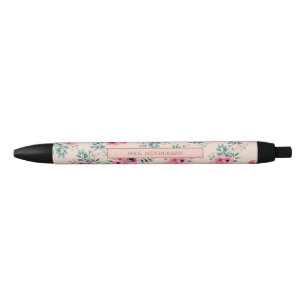 Bolígrafo De Tinta Negra Rosa   Moda acuarela floral personalizada