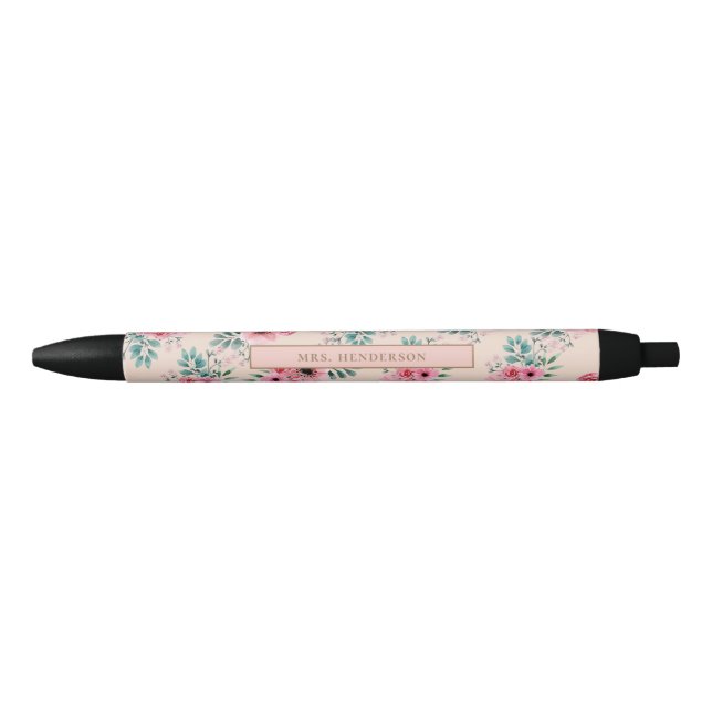 Bolígrafo De Tinta Negra Rosa | Moda acuarela floral personalizada (Anverso)
