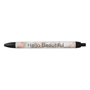Bolígrafo De Tinta Negra Rosa Oro Mármol Blanco Glitzy